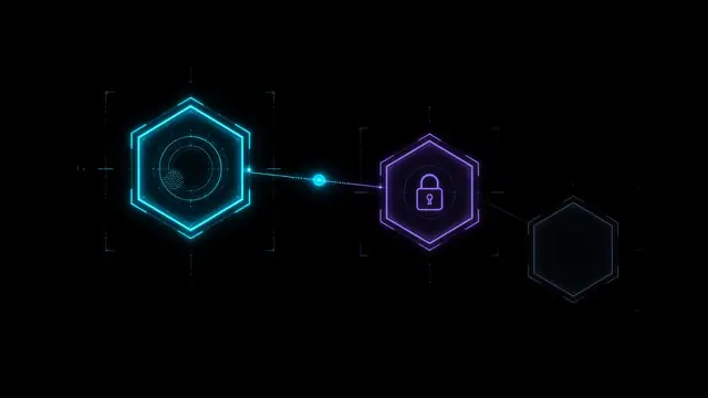 Hexagon nodes joined by lines of light: two lit cyan, one locked in violet, the rest faint.
