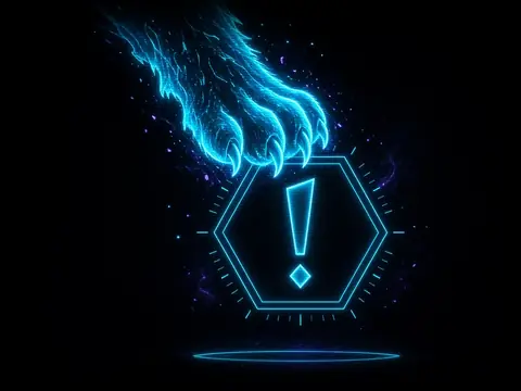 A ghost paw drawn in cyan light pressing a glowing hexagonal exclamation mark, violet sparks around it.