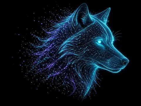 A wolf head in profile drawn in thin cyan light lines, dissolving into violet sparks on black.